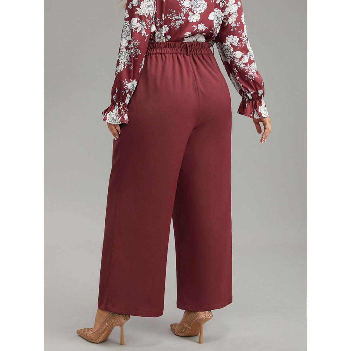 Plus Size Solid Pocket Button Up Elastic Waist Pants Women Scarlet Elegant Straight Leg High Rise Dailywear Pants BloomChic 12/L Product Image