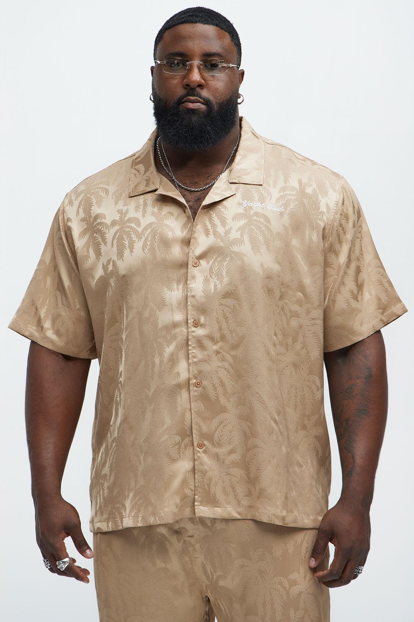 Palm Trees Jacquard Short Sleeve Button Up Shirt - Brown Product Image