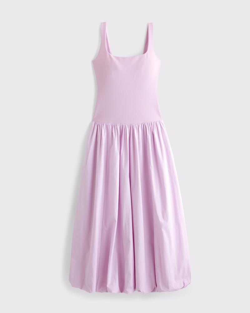 Mixed Fabric Bubble Hem Midi Dress Product Image