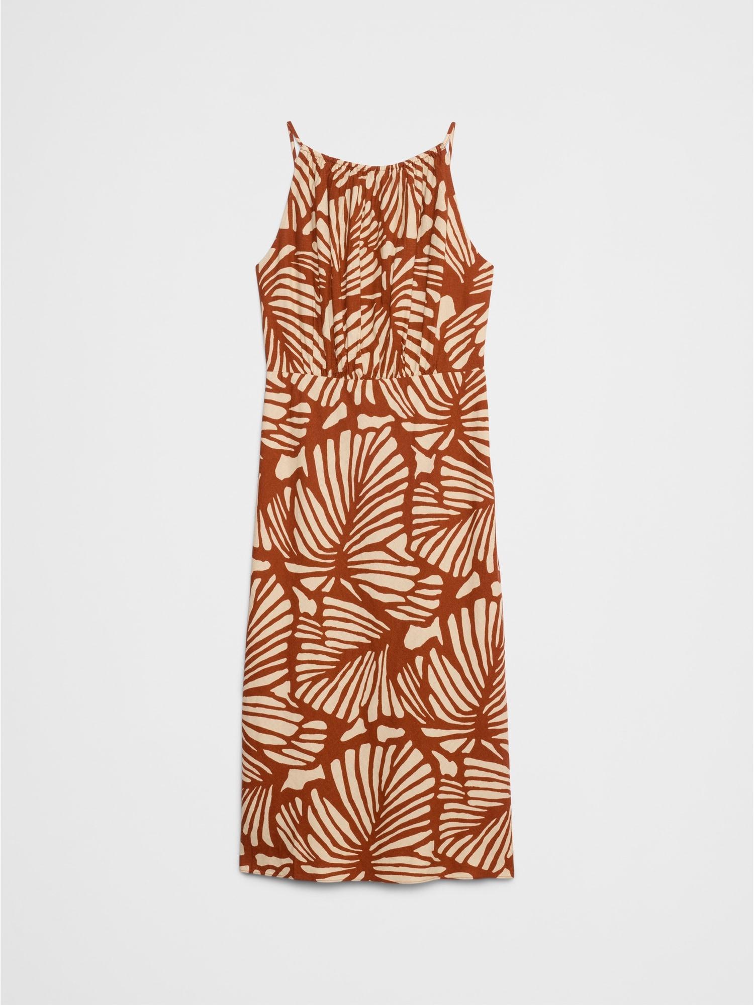 Linen-Blend High-Neck Midi Dress Product Image