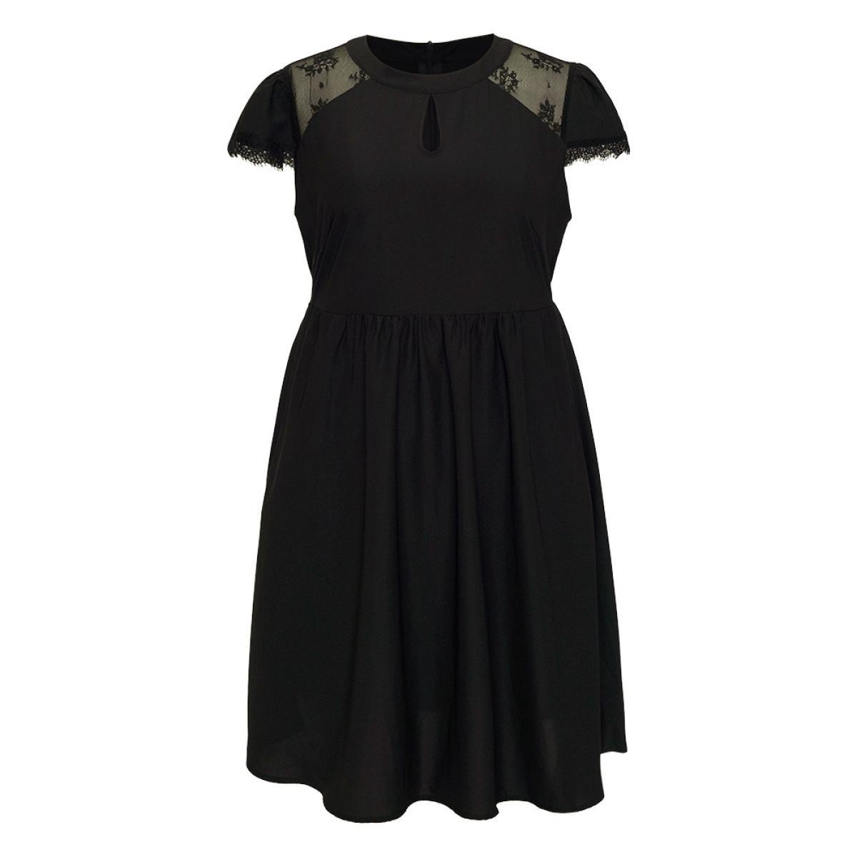 Plus Size Crochet Lace Keyhole Cap Sleeve Gathered Dress Black Women Elegant Round Neck Cap Sleeve Curvy Knee Dress BloomChic 12/L Product Image