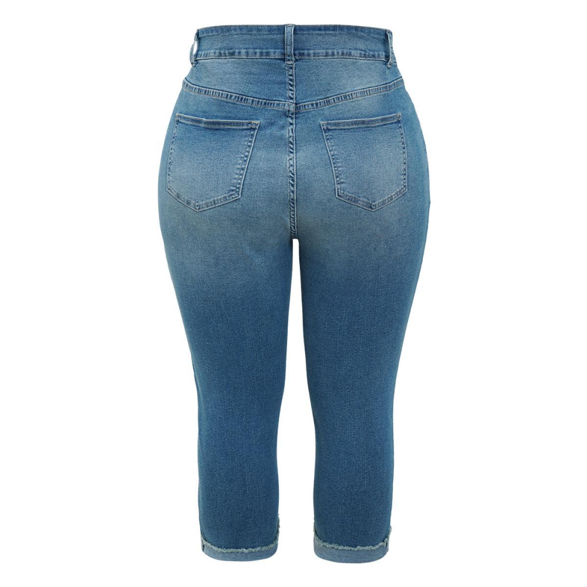 Plus Size Very Stretchy High Rise Medium Wash Roll Hem Cropped Jeans Women Cerulean Casual Plain High stretch Pocket Jeans BloomChic 28/5X Product Image