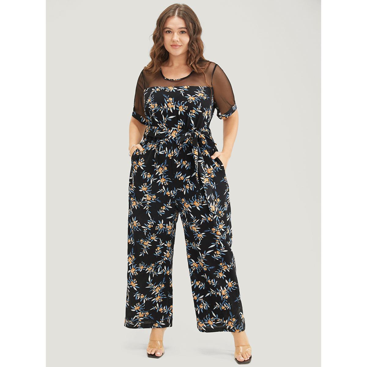 Plus Size Black Floral Mesh Patchwork Crew Neck Pocket Belted Jumpsuit Women Elegant Short sleeve Round Neck Dailywear Loose Jumpsuits BloomChic 14-16/1X Product Image
