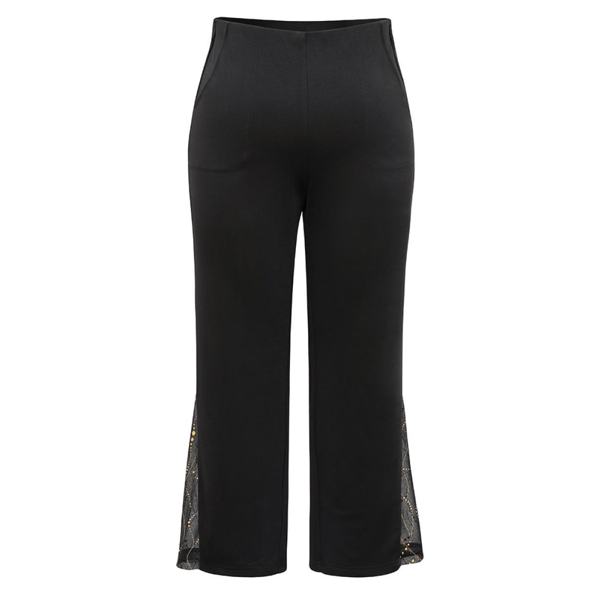 Plus Size Plain Rhinestone Patchwork Mesh Bootcut Pants Women Black Glamour Bootcut High Rise Party Pants BloomChic 14-16/1X Product Image