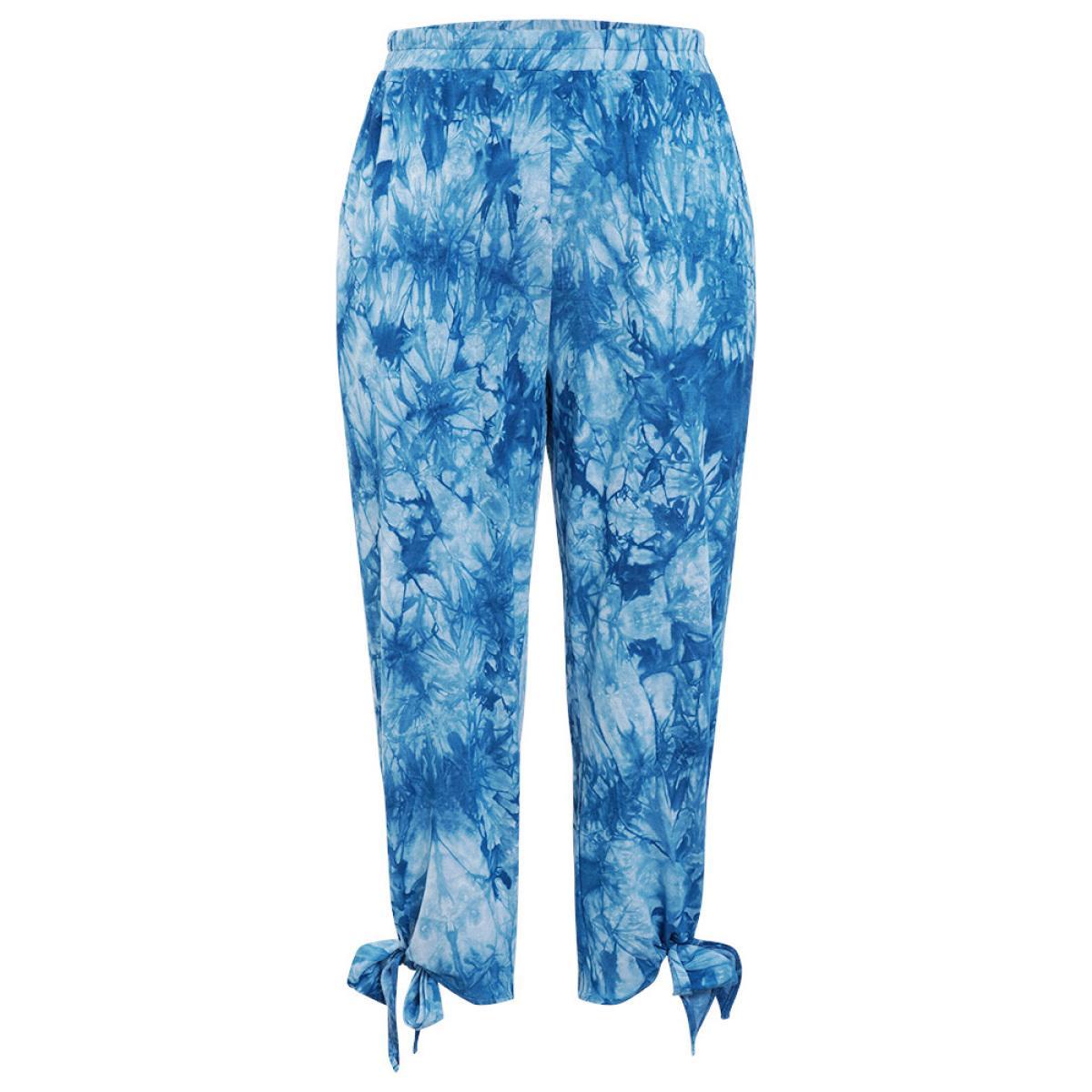 Plus Size Tie Dye Pocket Cut Out Knotted Hem Pants Women Blue Casual Mid Rise Dailywear Pants BloomChic 22-24/3X Product Image