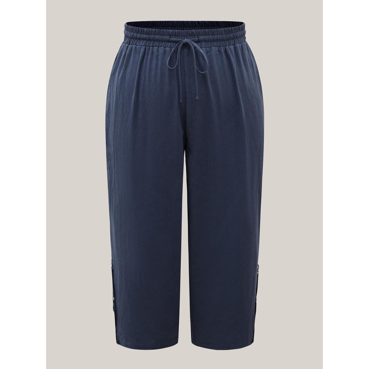 Plus Size Lace Cut-Out Straight-Leg Plain Pants Women Indigo Resort Straight Leg Mid Rise Vacation Pants BloomChic 26/4X Product Image