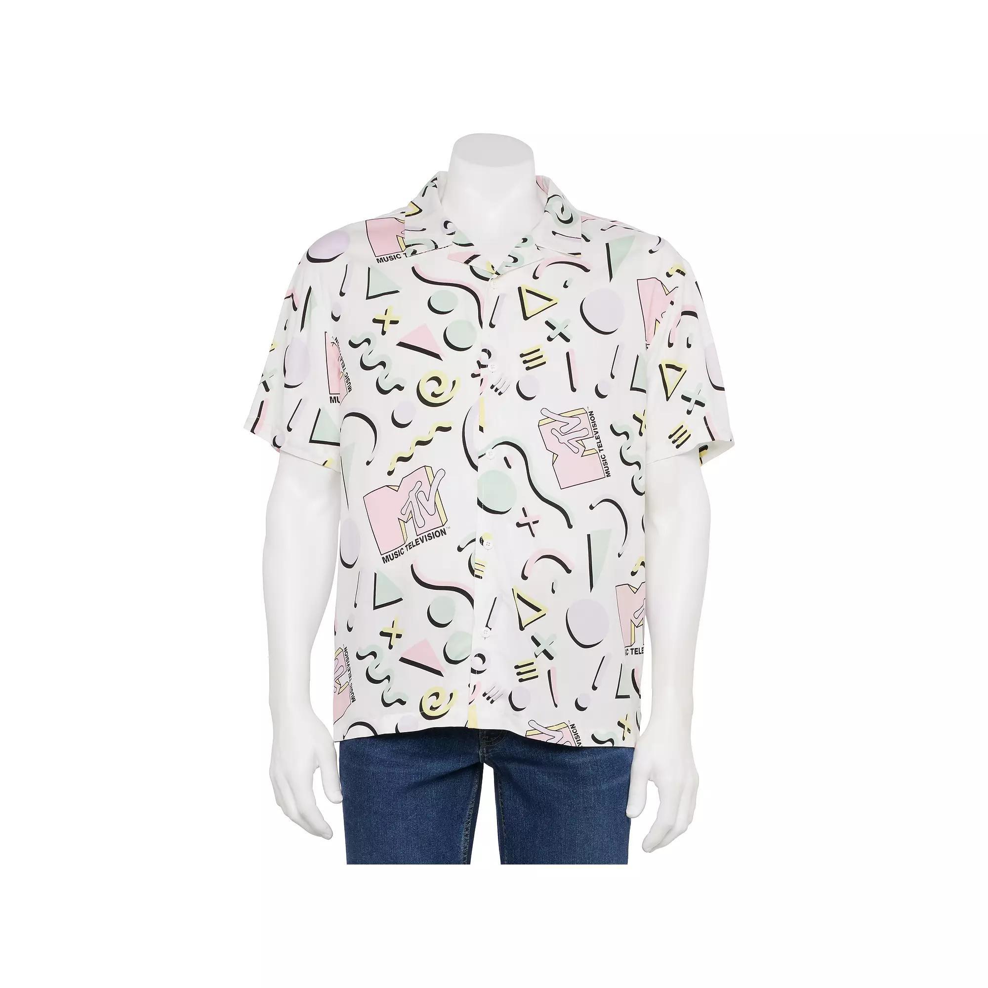 Men's MTV 90's Print Button Front Top, Size: Medium, Light Blue Product Image