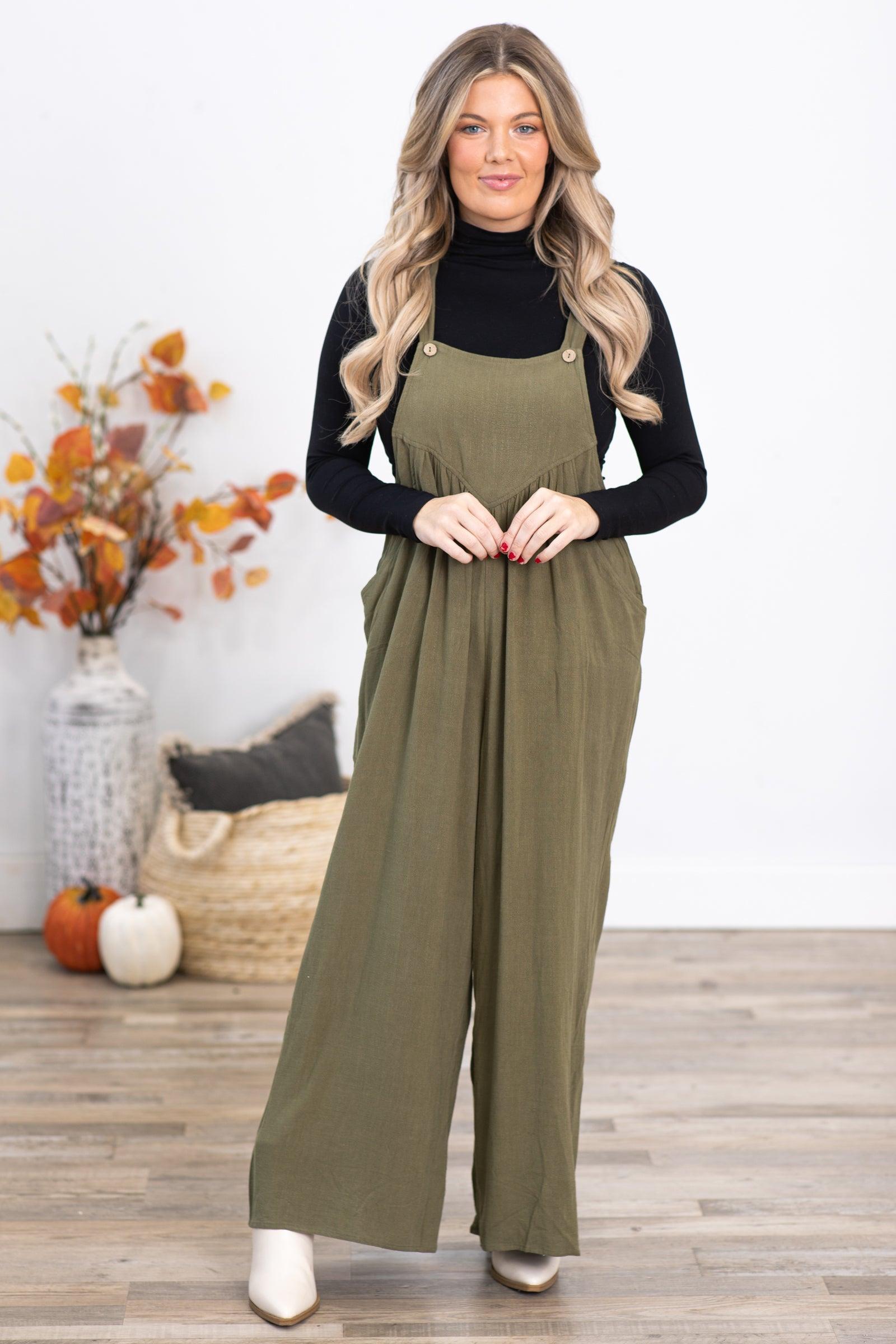 Olive Wide Leg Overalls With Pleats Product Image