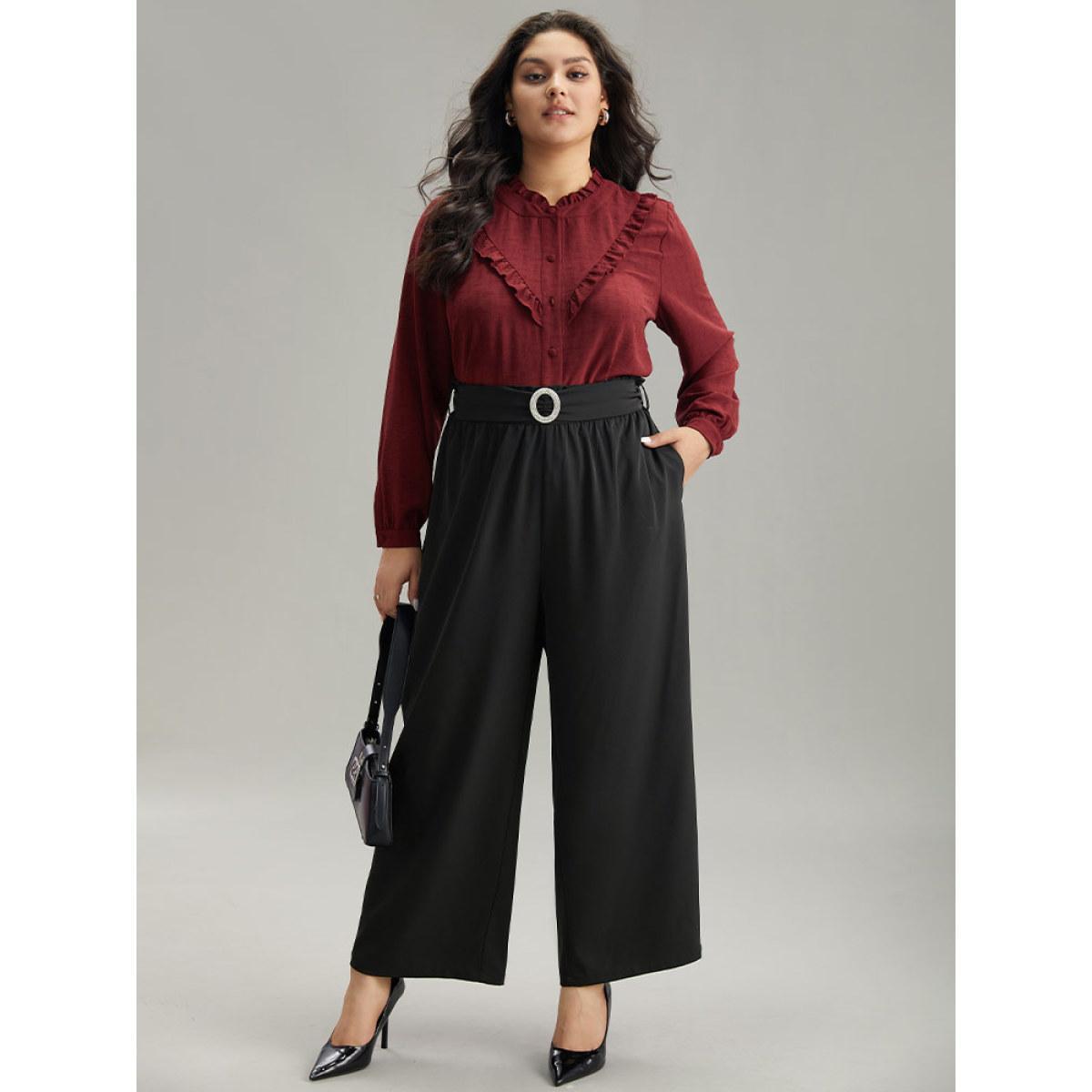 Plus Size Static-Free Solid Glitter Buckle Detail Belted Pants Women Black Office Straight Leg High Rise Work Pants BloomChic 14-16/1X Product Image