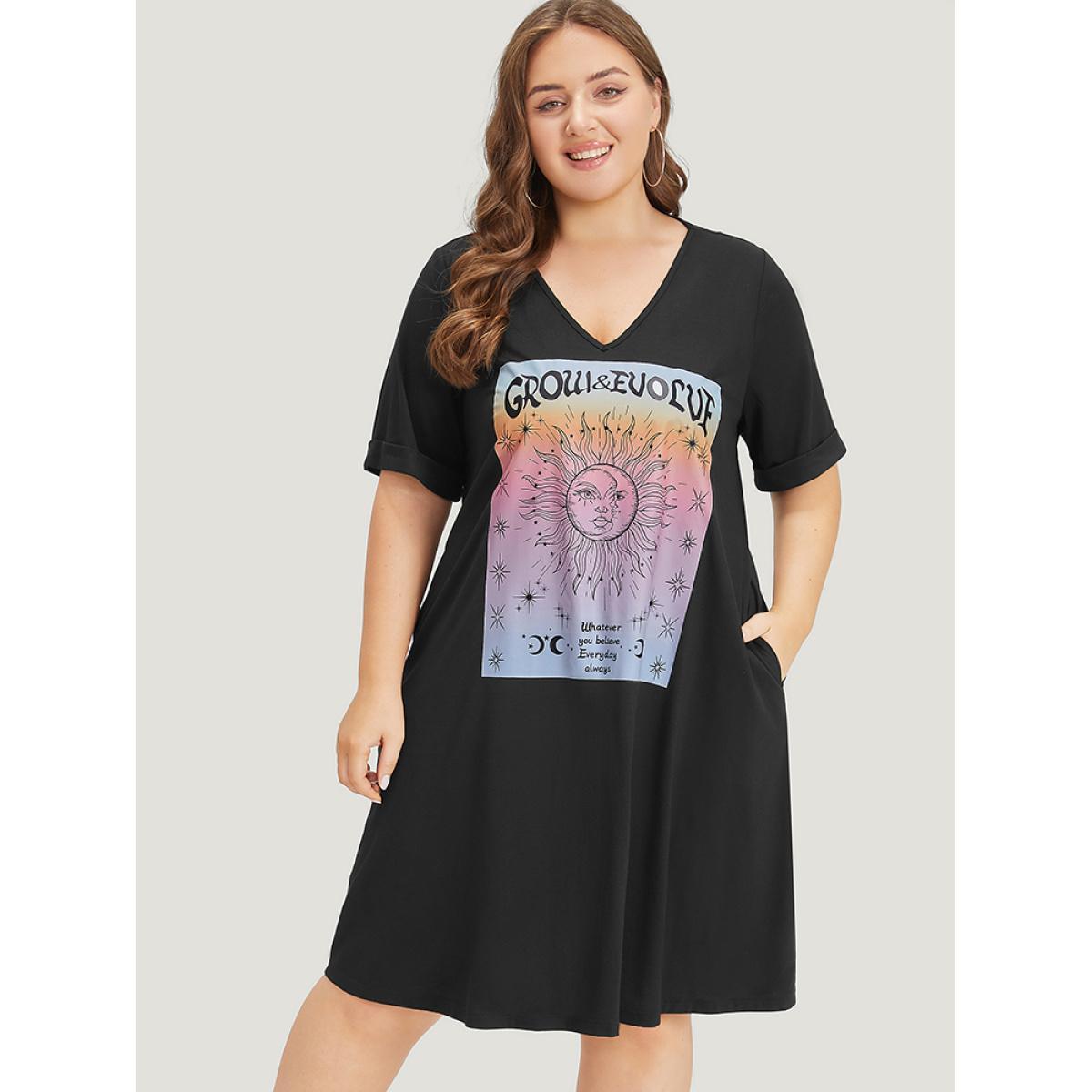 Plus Size Supersoft Essentials Horoscope Print Pocket Roll Sleeve Dress Black Women Casual Plain V-neck Short sleeve Curvy Midi Dress BloomChic 12/L Product Image