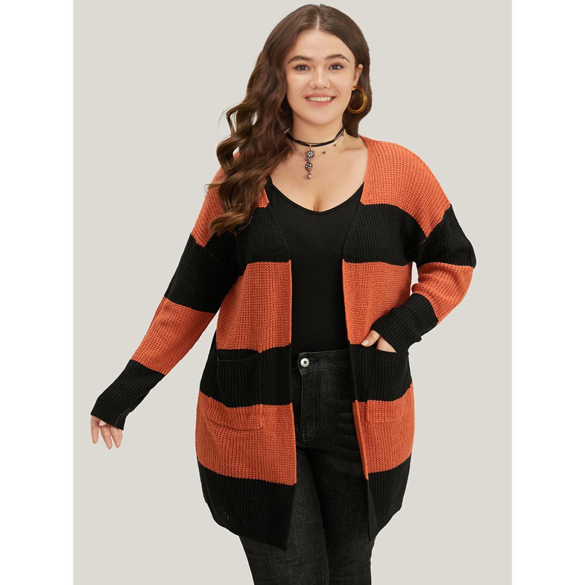 Plus Size Halloween Colorblock Patched Pocket Tunic Cardigan Chocolate Women Casual Loose Long Sleeve Festival-Halloween Cardigans BloomChic 22-24/3X Product Image