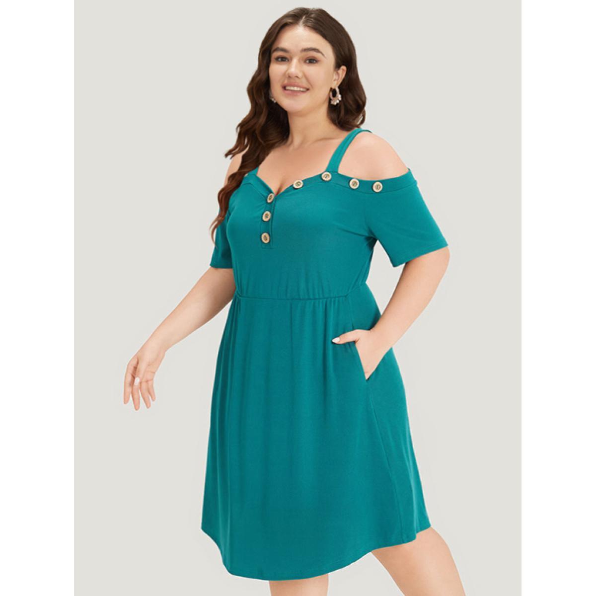 Plus Size Plain Pocket Button Detail Cold Shoulder Cami Dress Teal Women Casual Plain Cold Shoulder Short sleeve Curvy Knee Dress BloomChic 18-20/2X Product Image