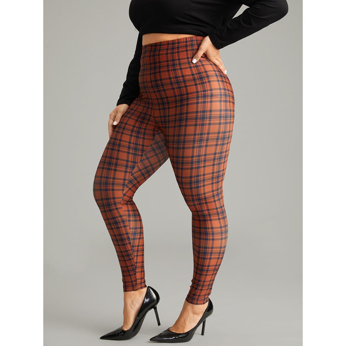 Plus Size Plaid Skinny Elastic Waist Leggings Women Chocolate Elegant High stretch Skinny High Rise Dailywear Leggings BloomChic 12/L Product Image