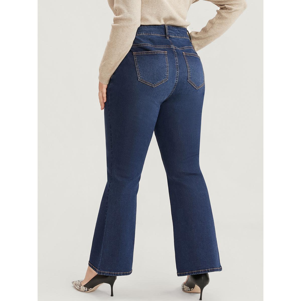 Plus Size Bootcut Very Stretchy High Rise Dark Wash Split Hem Jeans Women DarkBlue Casual Plain Pocket High stretch Side seam pocket Jeans BloomChic 10/M Product Image