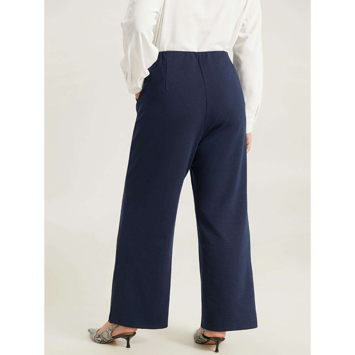 Plus Size Solid Split Side Elastic Waist Pants Women Indigo Office Straight Leg High Rise Work Pants BloomChic 26/4X Product Image