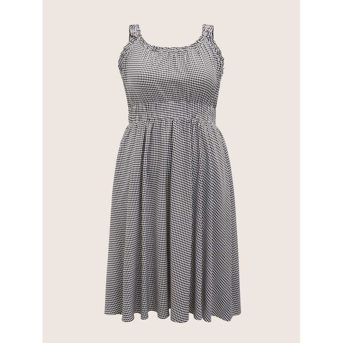 Plus Size Gingham Frill Trim Gathered Midi Dress Black Women Casual Gathered Round Neck Sleeveless Curvy BloomChic 18-20/2X Product Image