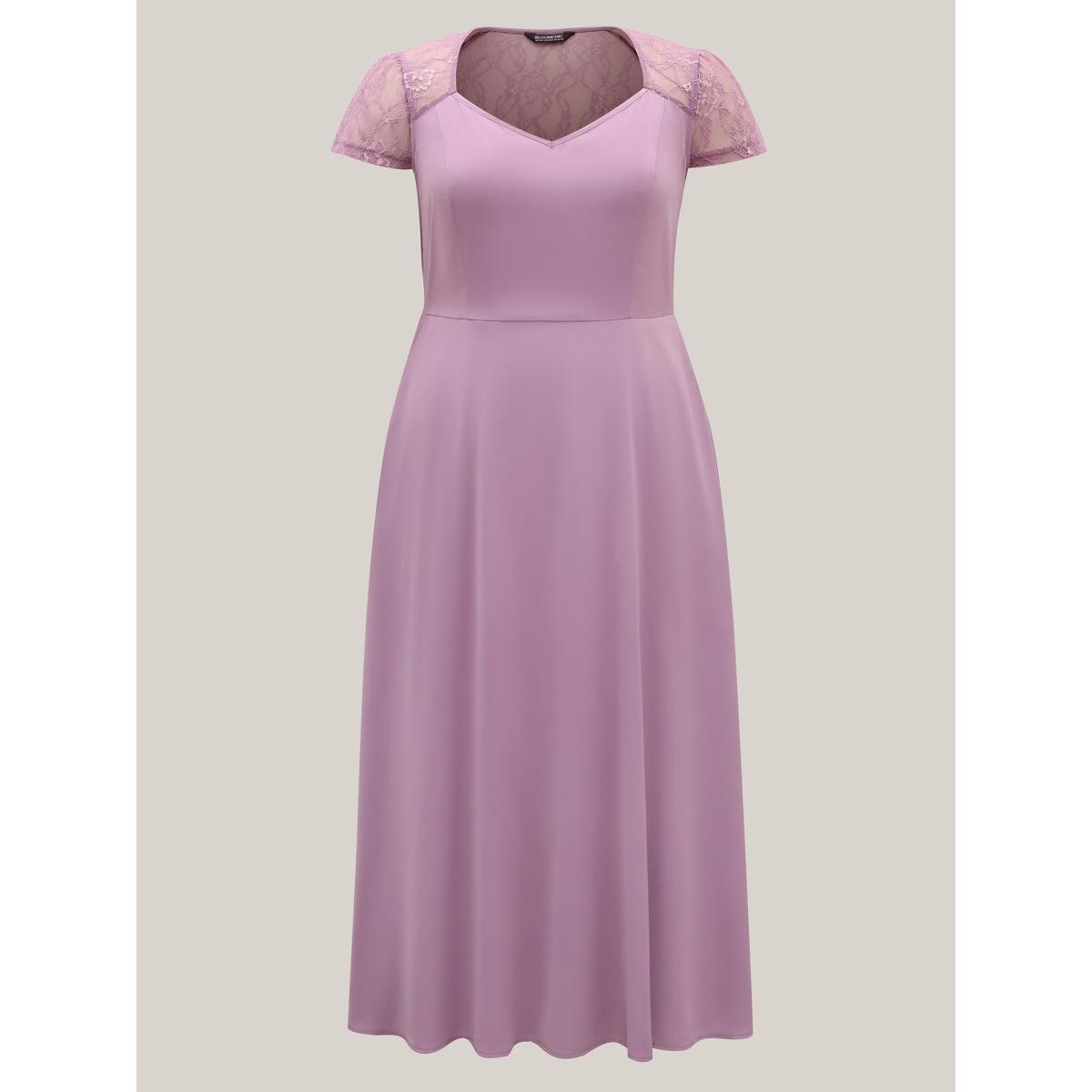 Plus Size Sheer Lace Sleeve Spliced Pockets Maxi Dress Mauve Women V-neck Cap Sleeve Curvy BloomChic 28/5X Product Image