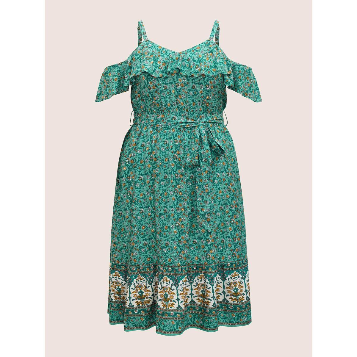 Plus Size Bandana Ruffles Belted Cold Shoulder Dress Aquamarine Women Resort Non U-neck Sleeveless Curvy Midi Dress BloomChic 28/5X Product Image