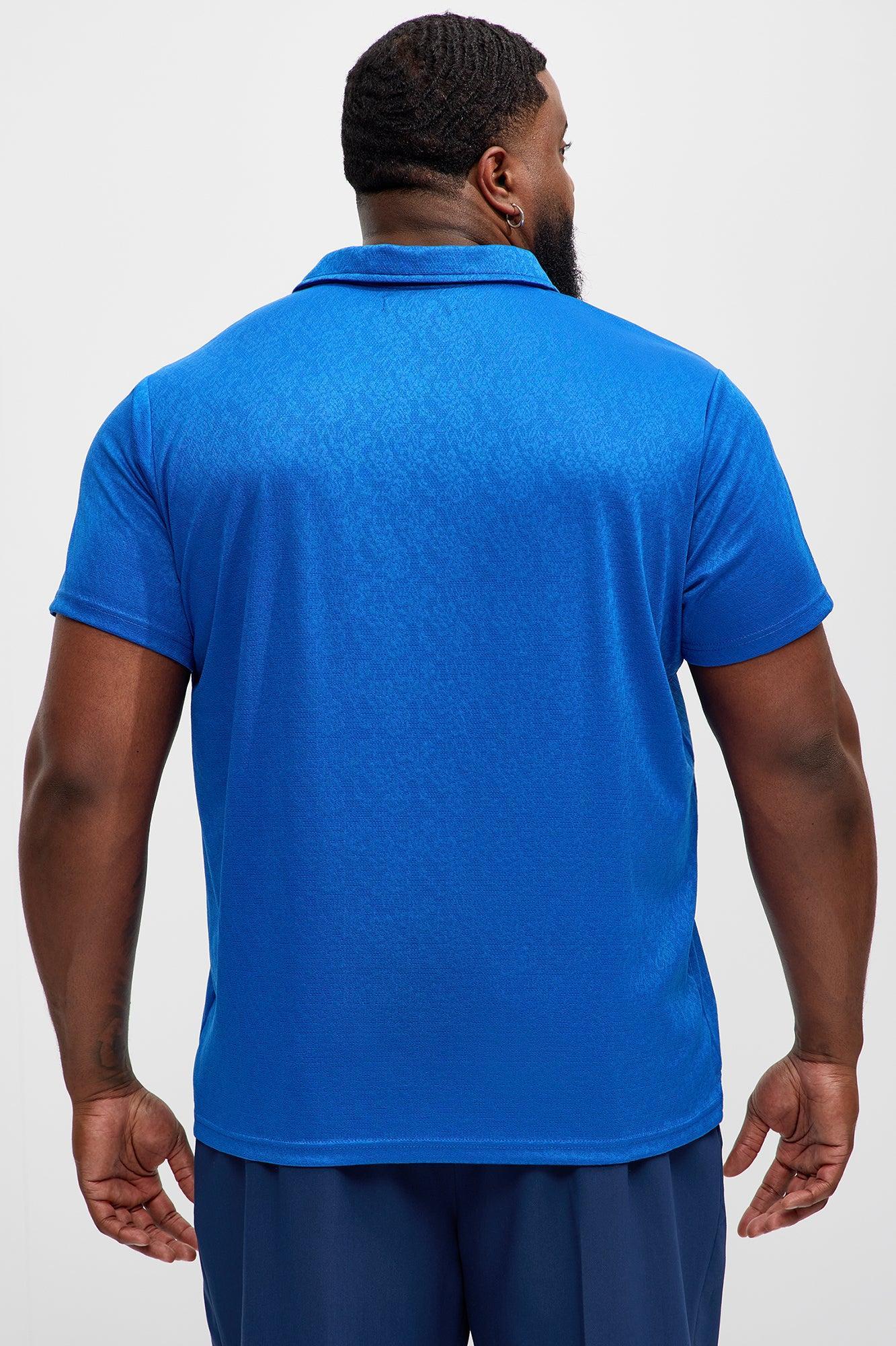 Jacquard Floral Knit Quarter Zip Polo Shirt - Blue Product Image
