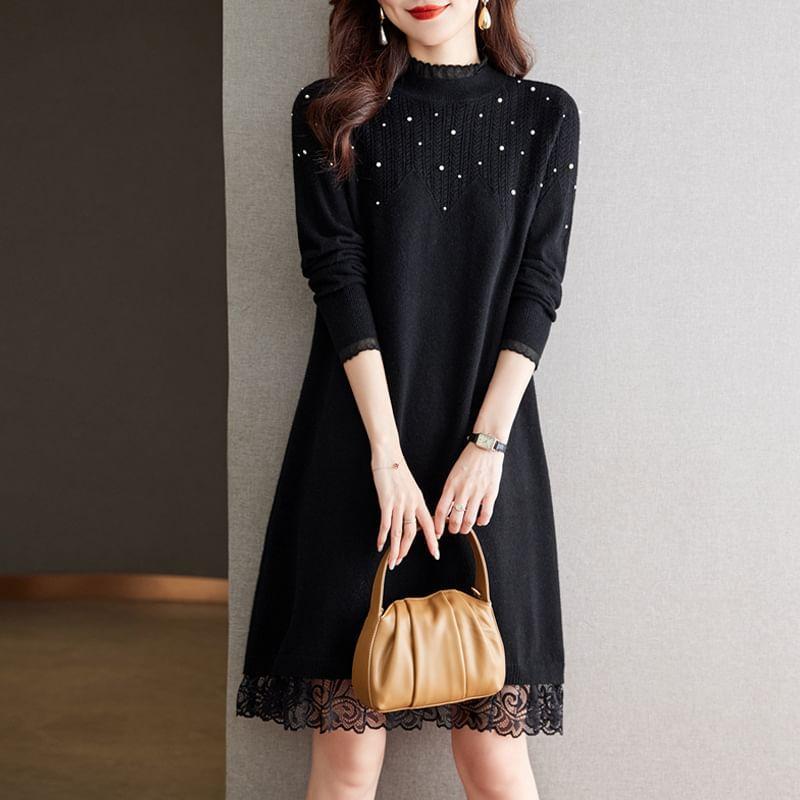 Long Sleeve Mock Neck Plain Faux Pearl Panel Lace Knit Mini A-Line Dress Product Image