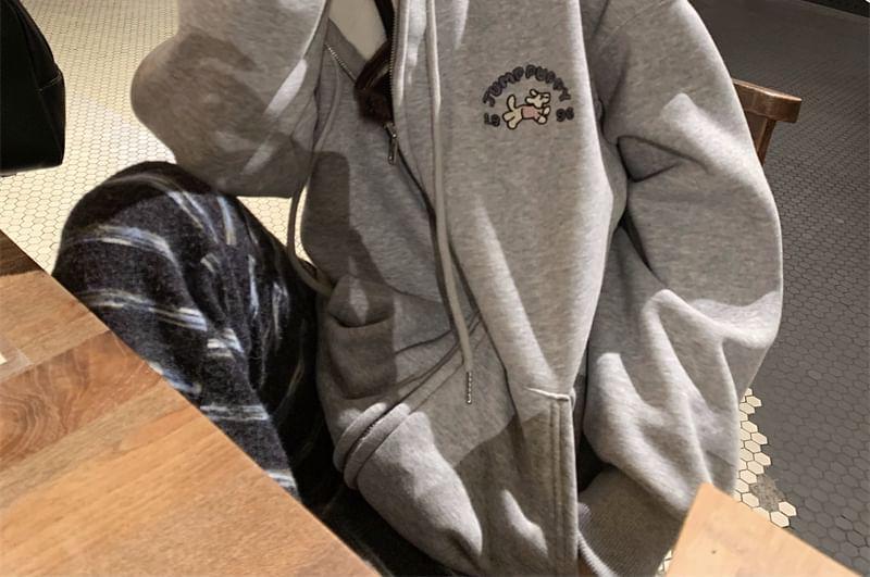 Dog Embroidered Zip-Up Hoodie Product Image