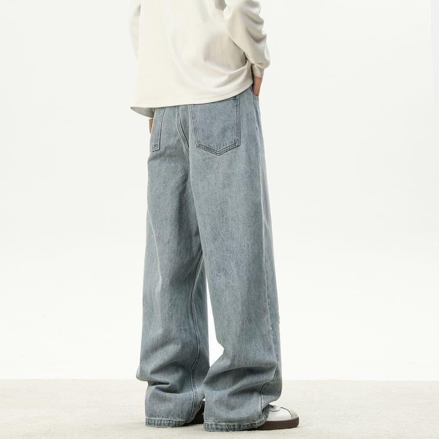 Mid Rise Washed Distressed Wide Leg Jeans Product Image