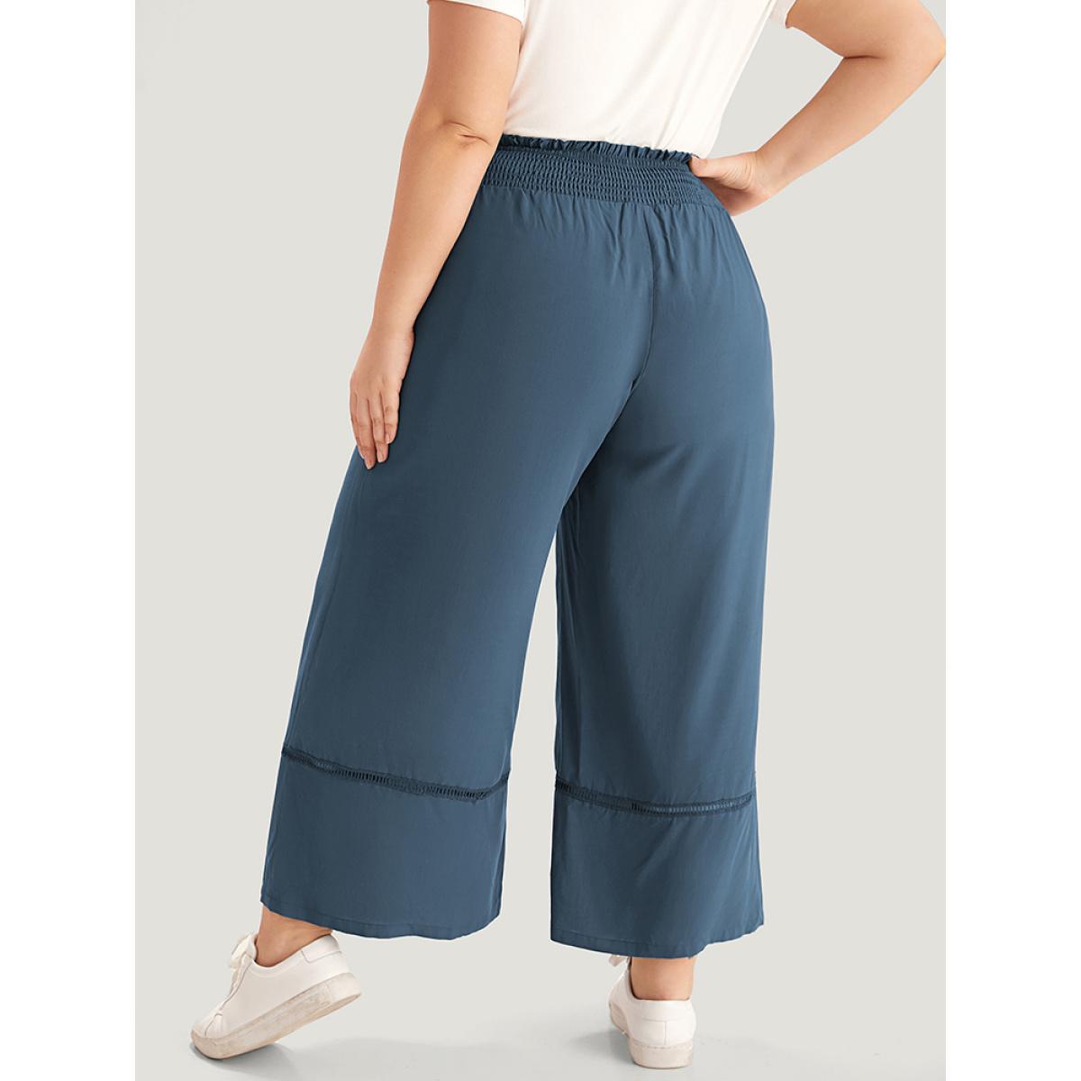Plus Size Solid Shirred Bowknot Paperbag Waist Patchwork Pants Women Aegean Casual Straight Leg High Rise Dailywear Pants BloomChic 22-24/3X Product Image