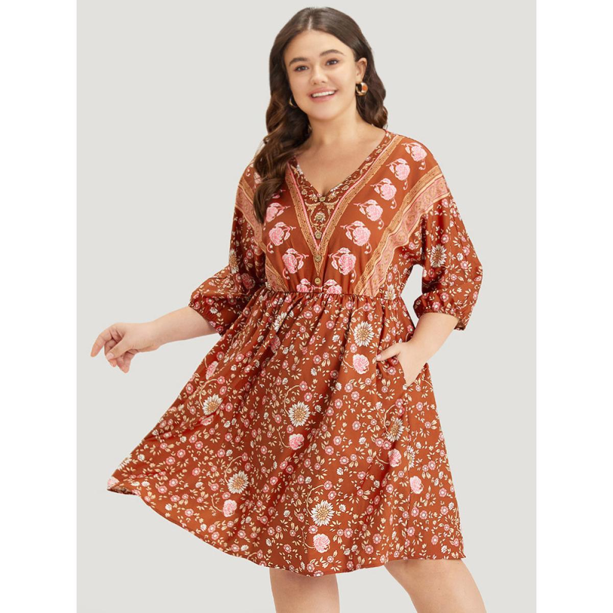 Plus Size Floral Print Elastic Cuffs Button Detail Dress Rust Women Vacation Elastic cuffs V-neck Half Sleeve Curvy Midi Dress BloomChic 26/4X Product Image