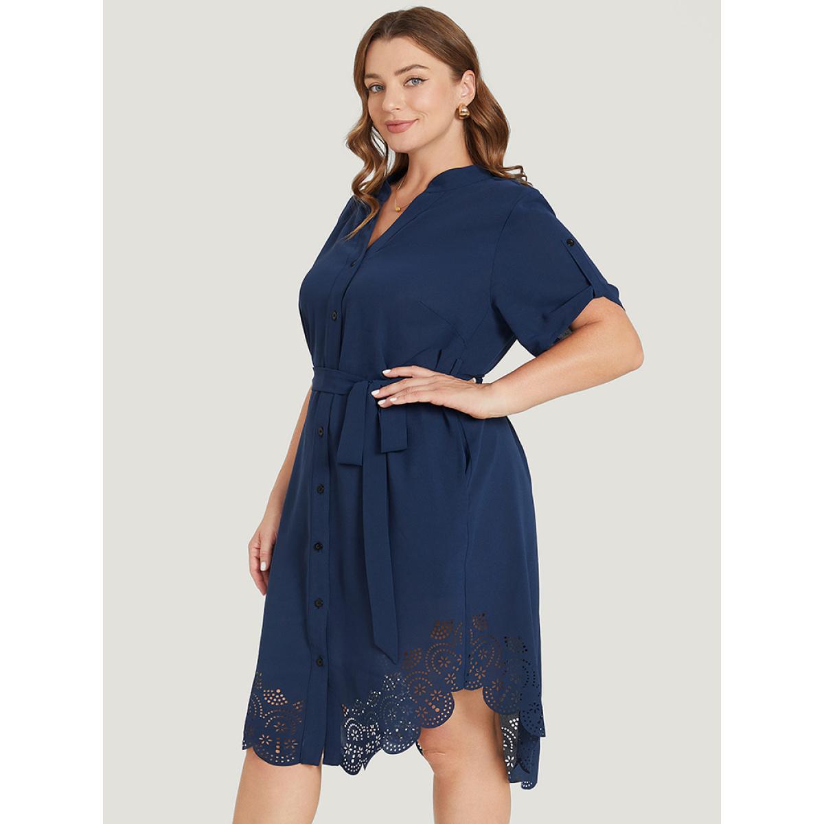 Plus Size Solid Cuffed Sleeve Button Up Belted Laser Cut Arc Hem Dress DarkBlue Women Office Belted Notched collar Short sleeve Curvy Knee Dress BloomChic 18-20/2X Product Image