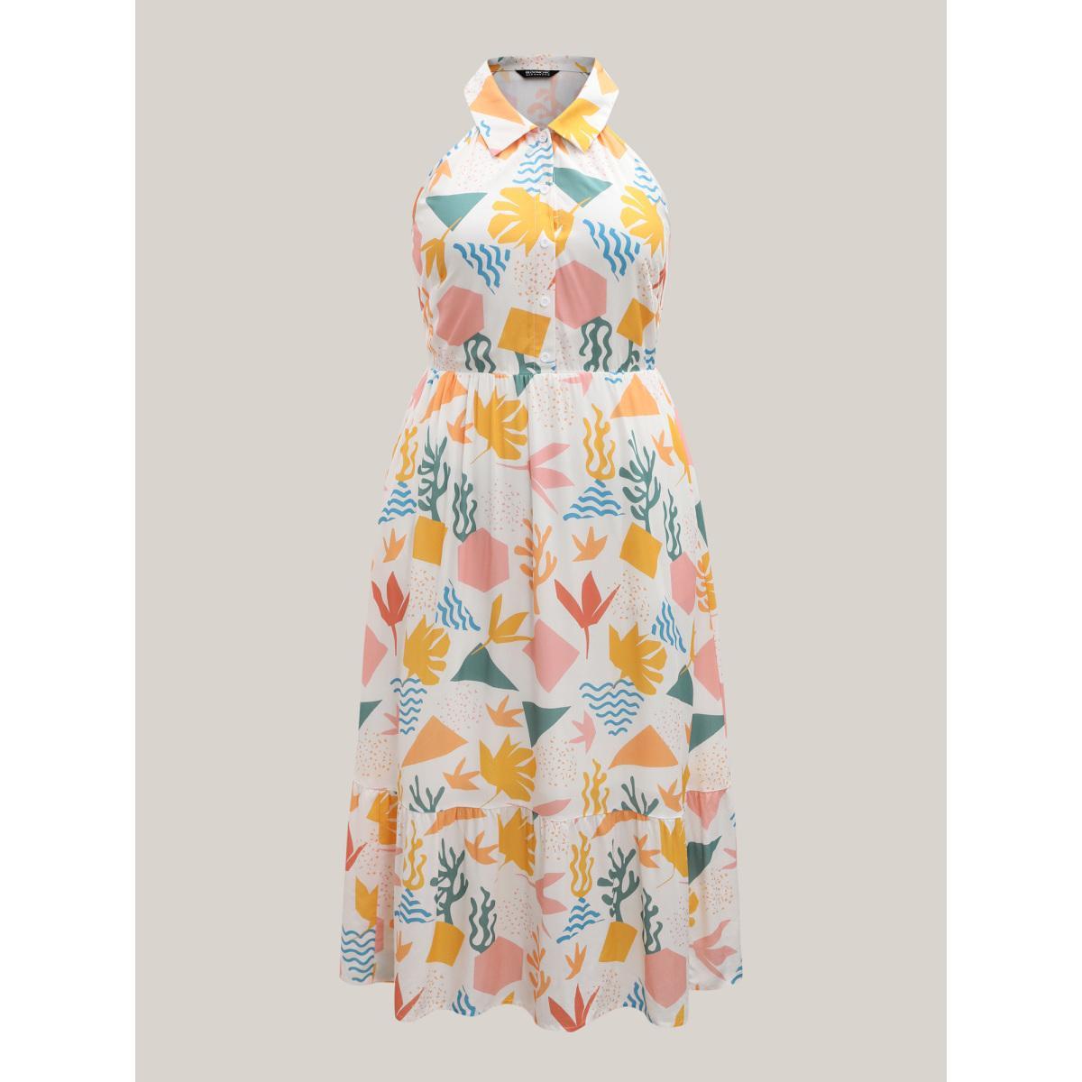 Plus Size All About Sea Stretchy Waist Midi Dress Multicolor Women Shirt collar Sleeveless Curvy BloomChic 30/6X Product Image