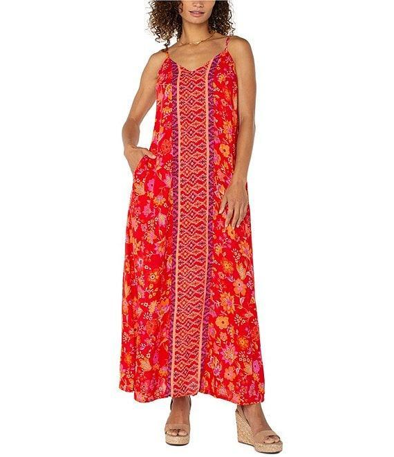Liverpool Los Angeles Woven Floral Print V-Neck Sleeveless A-Line Maxi Dress Product Image