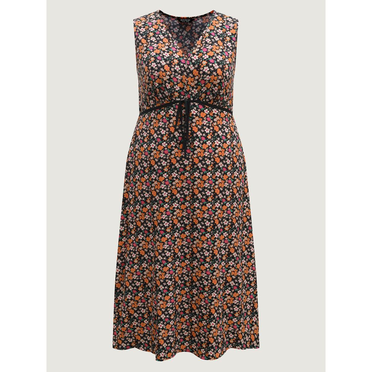 Plus Size Floral Waist Tie Side Pockets Midi Dress Black Women V-neck Sleeveless Curvy BloomChic 22-24/3X Product Image