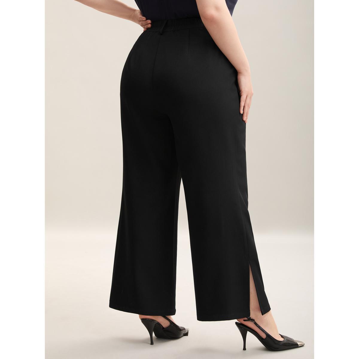 Plus Size Side Slit Plain Bootcut Pants Women Black Workwear Essentials Bodycon Mid Rise Work Pants BloomChic 28/5X Product Image