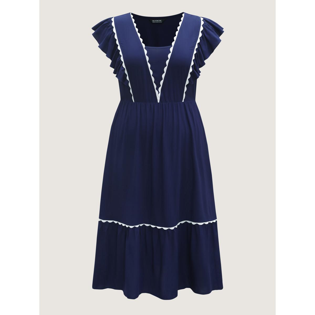 Plus Size Rayon Collar Ribbon Contrast Pockets Midi Dress Indigo Women V-neck Cap Sleeve Curvy BloomChic 26/4X Product Image