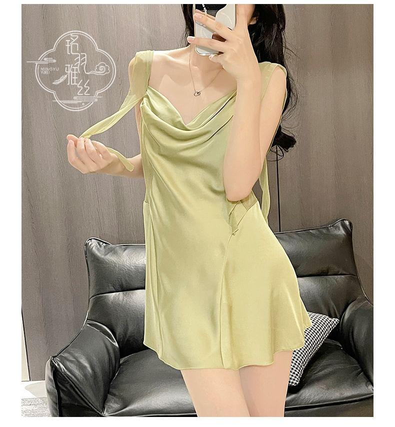 Sleeveless Cowl Neck Plain Open Back Nightdress / Pajama Robe / Set Product Image