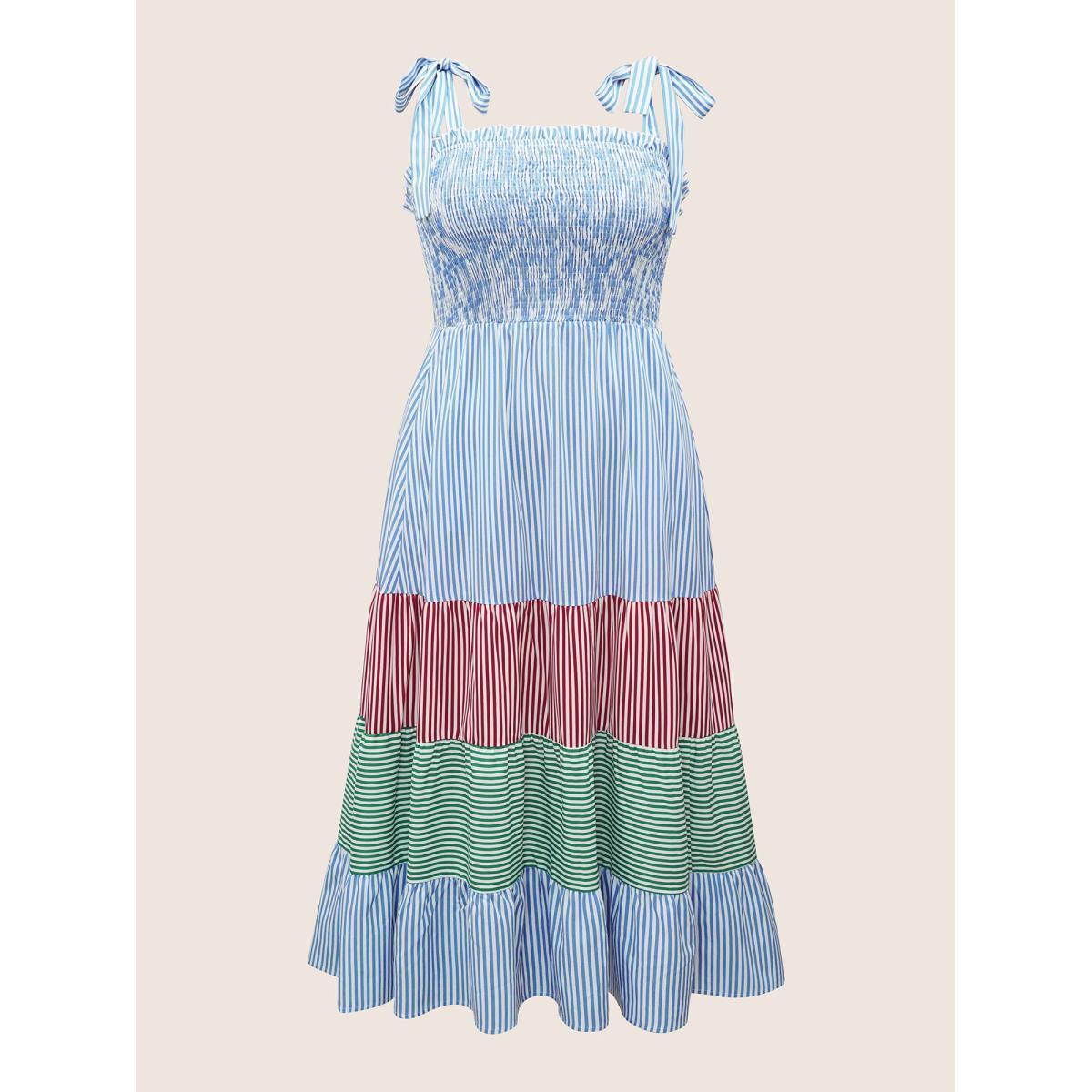 Plus Size Contrast Striped Patchwork Shirred Ties Dress LightBlue Women Casual Non Non Sleeveless Curvy Midi Dress BloomChic 28/5X Product Image