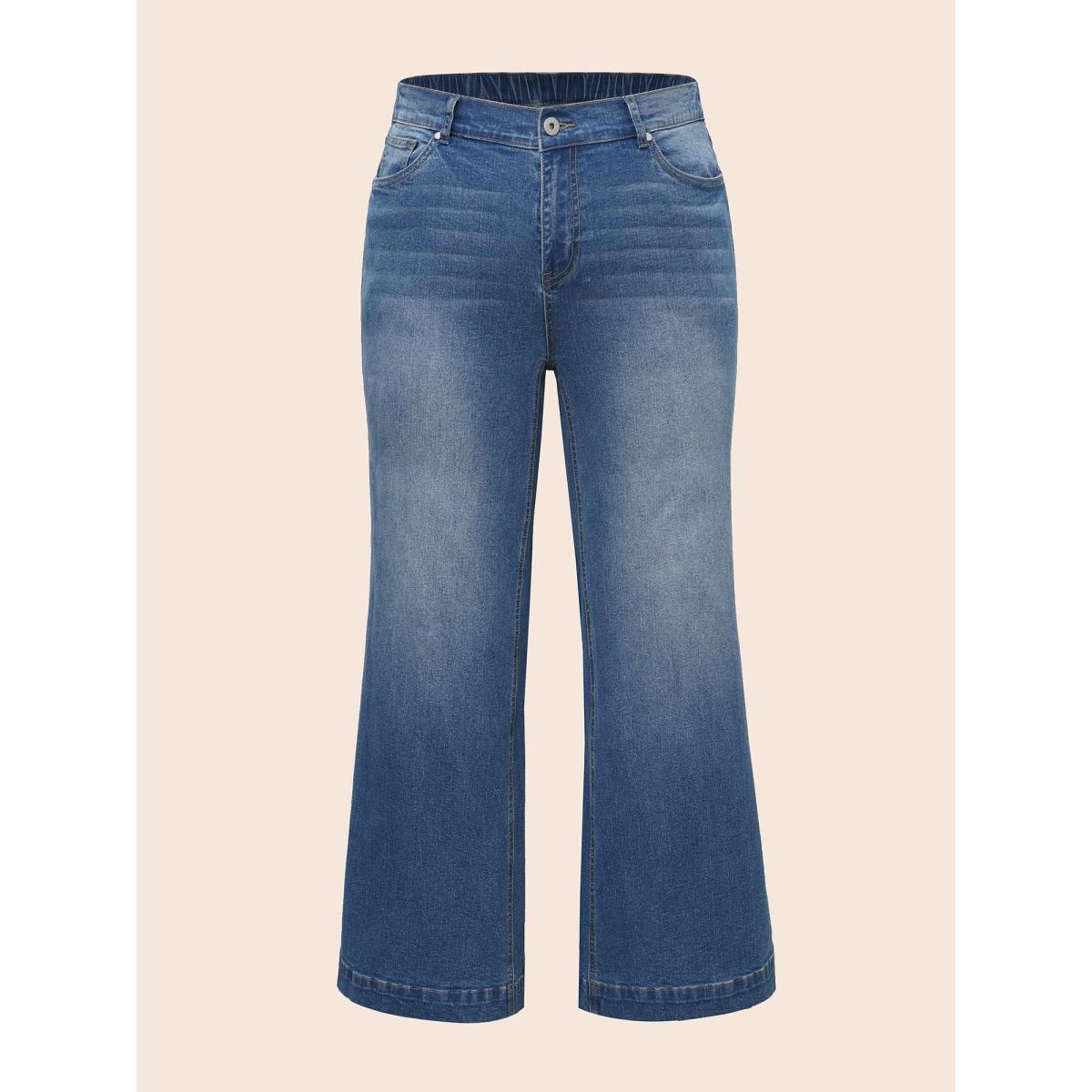 Plus Size Stretch Denim Wide Leg Cut Jeans Women Denimblue Casual Button Medium stretch Slanted pocket Jeans BloomChic 30/6X Product Image
