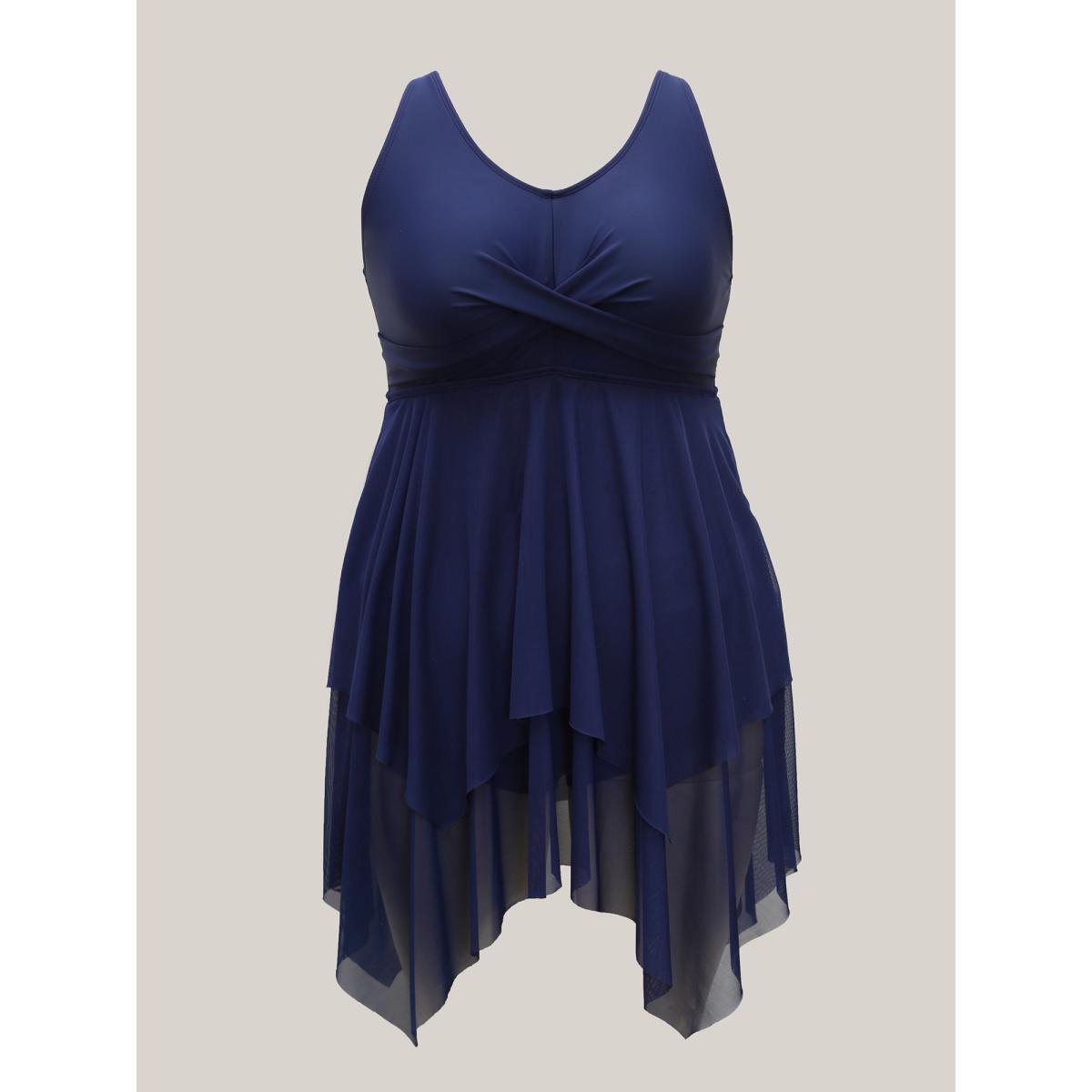 Plus Size Twist Front Hi-Low Hem Sheer Layered Swim Dress Women's Swimwear Indigo Beach Bodycon U-neck High stretch Curve Swim Dresses BloomChic 22-24/3X Product Image