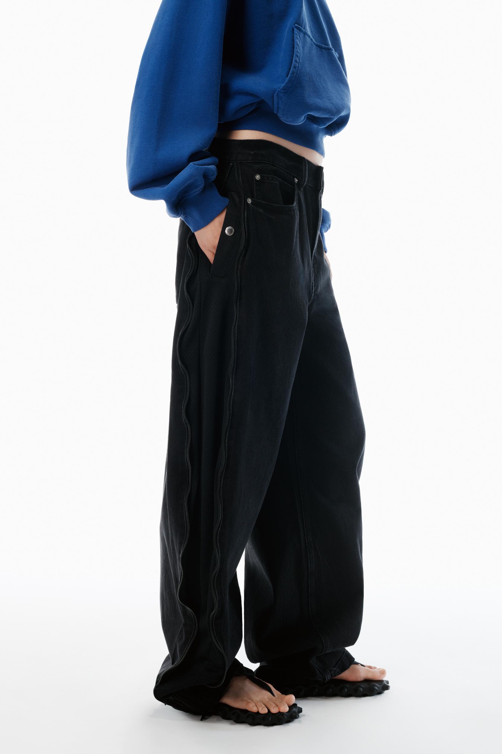 Black Denim And Mesh Zipper Pants - Regular Product Image