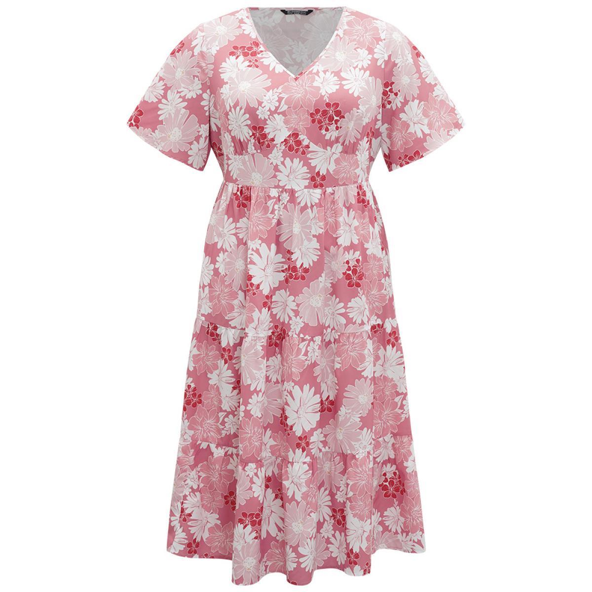 Plus Size Floral Print Pocket V Neck Patchwork Dress Pink Women Elegant Printed V-neck Short sleeve Curvy Midi Dress BloomChic 28/5X Product Image