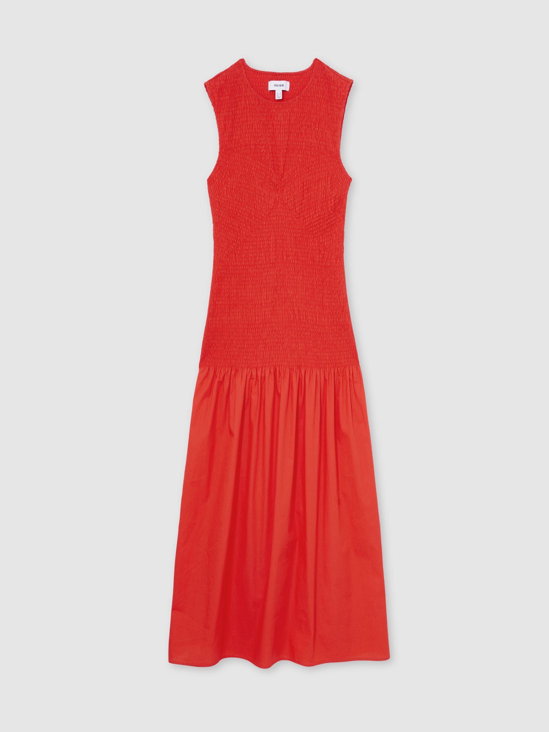 Cotton Shirred Midi Dress in Red Product Image