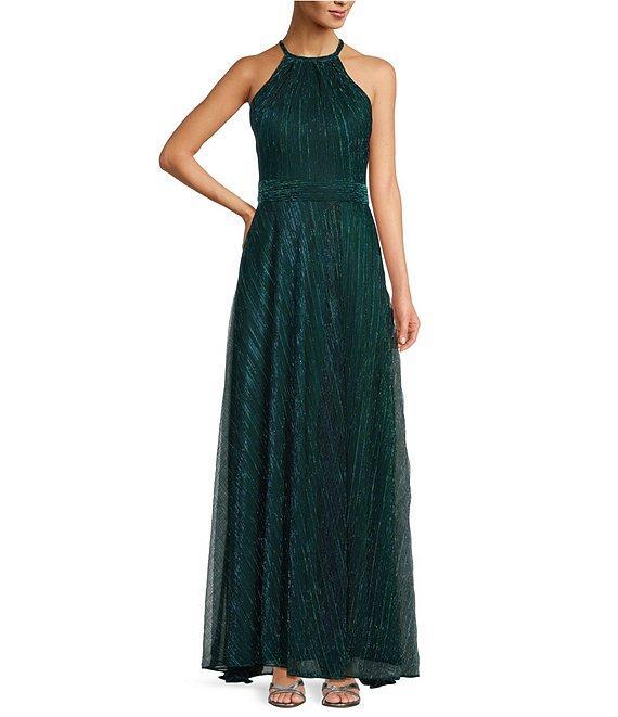 Betsy & Adam Metallic Crinkle Halter Neck Sleeveless Gown Product Image
