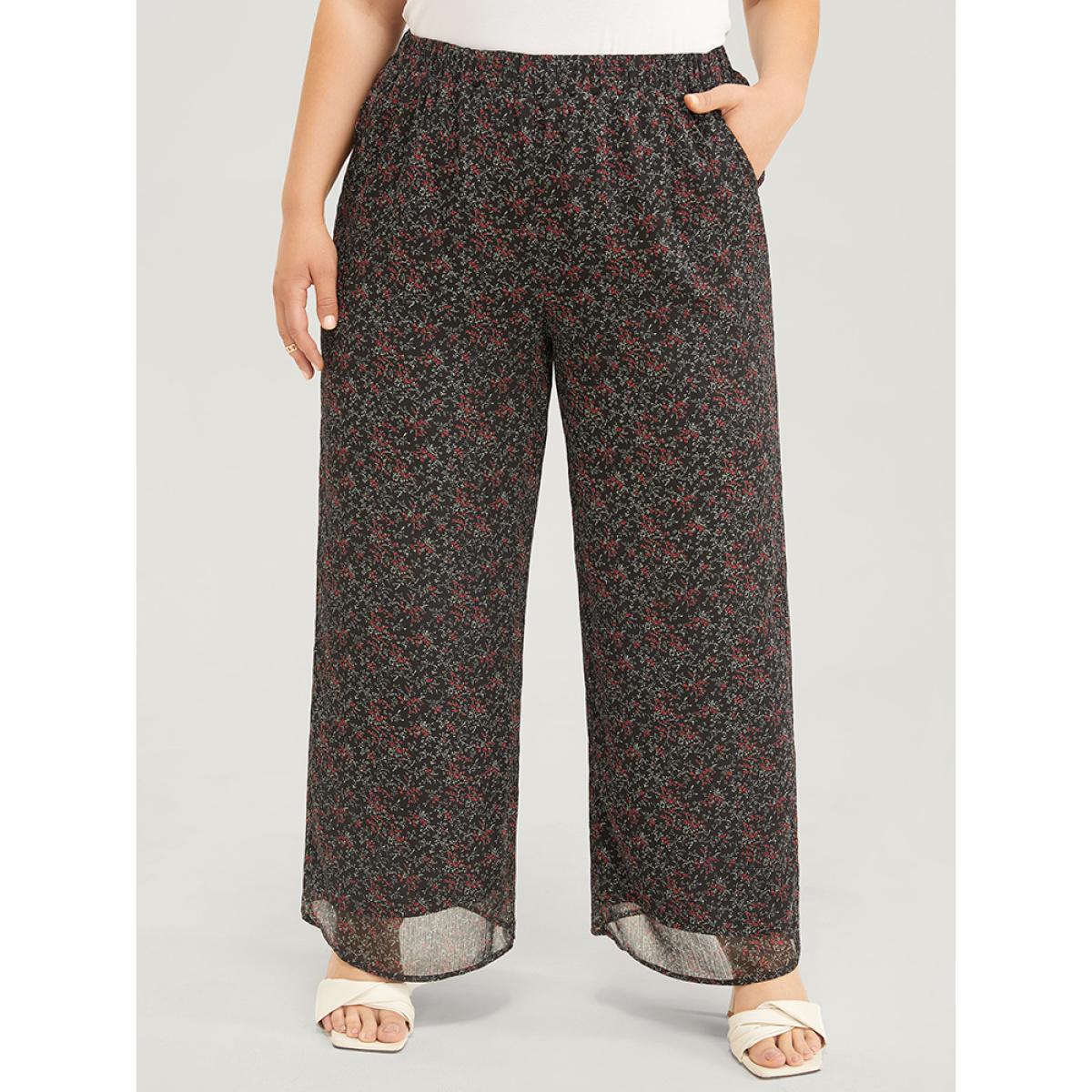 Plus Size Ditsy Floral Pocket Elastic Waist Pants Women Black Elegant Mid Rise Dailywear Pants BloomChic 12/L Product Image