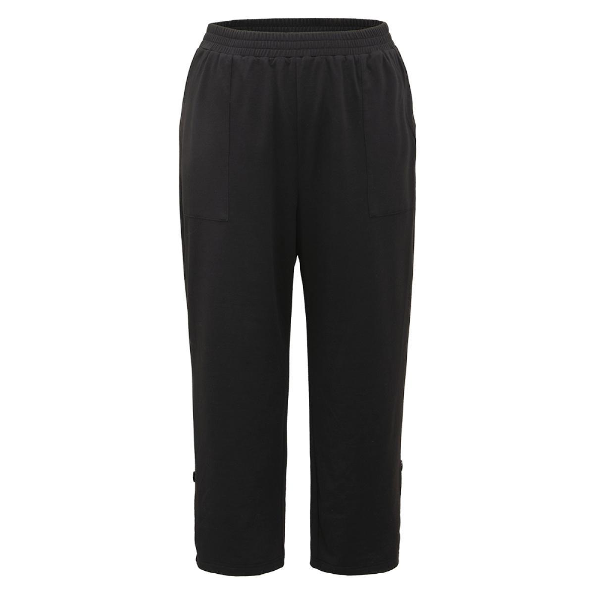 Plain Elastic Waist Button Detail Sweatpant Black Plus Size Women Casual Dailywear Plain 22-24/3X Bloomchic Product Image