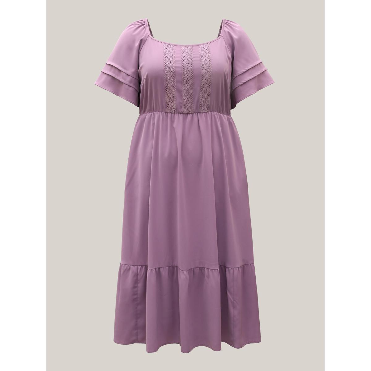 Plus Size Lace Trim Pockets Stretchy Waist Tiered Dress Heather Women Elegant Tucked seam Square Neck Short sleeve Curvy BloomChic 10/M Product Image