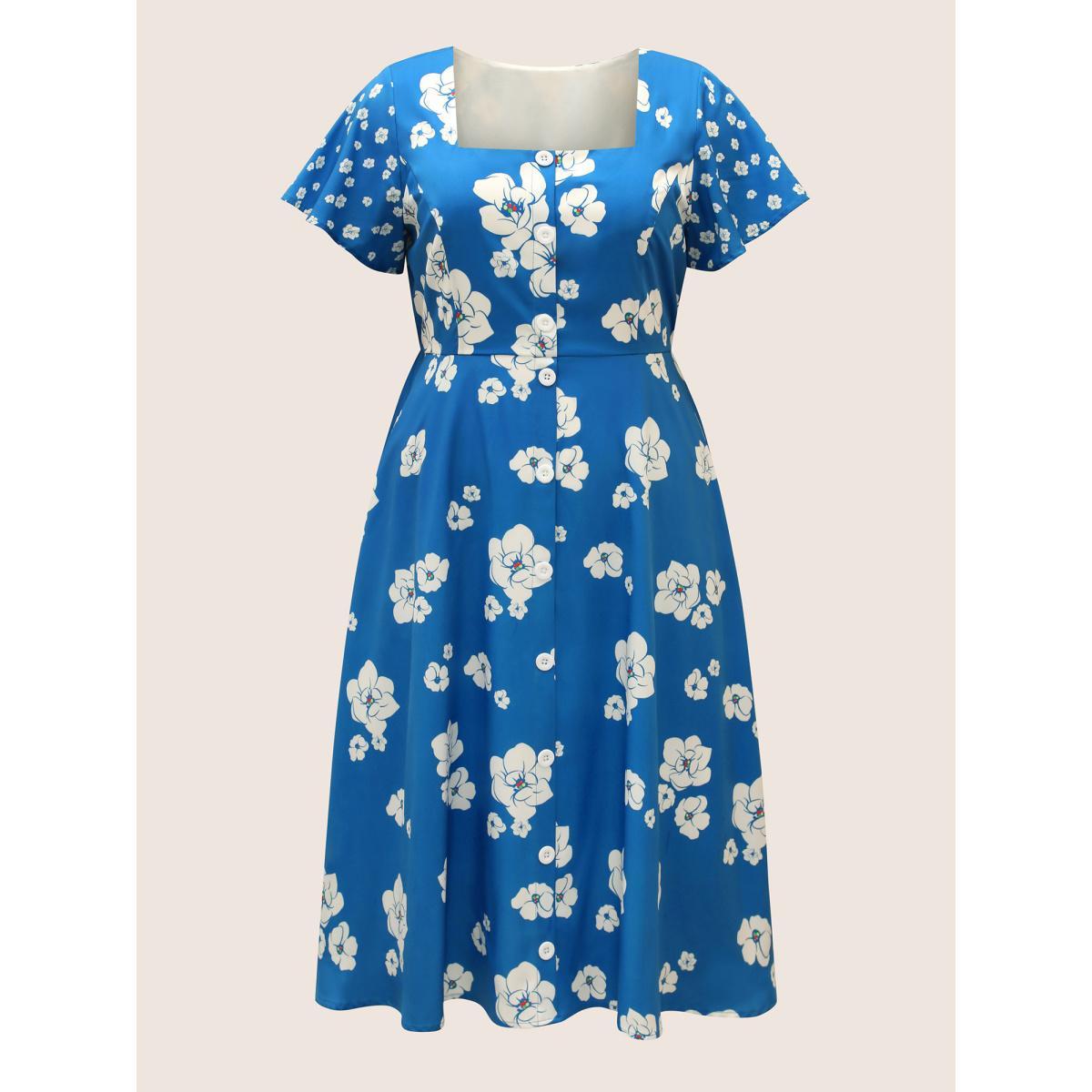 Plus Size Square Neck Natural Flowers Ruffle Sleeve Dress Blue Women Elegant Button Square Neck Short sleeve Curvy BloomChic 14-16/1X Product Image