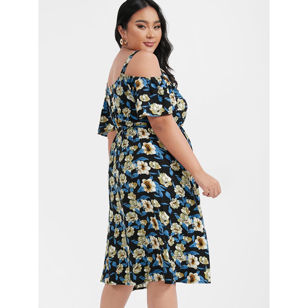 Plus Size Floral Zipper Ruffled Cold Shoulder Dress BlackFlower Women Elegant Printed Cold Shoulder Short sleeve Curvy Knee Dress BloomChic 18-20/2X Product Image