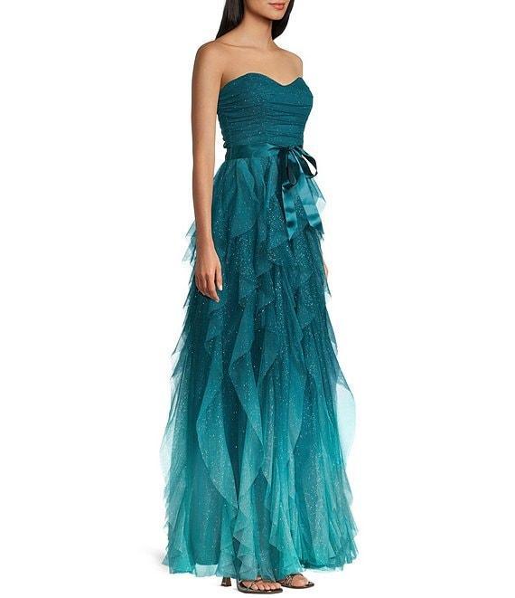 Pear Culture Strapless Glitter Ombre Mesh Ruffled Corkscrew Dress Product Image