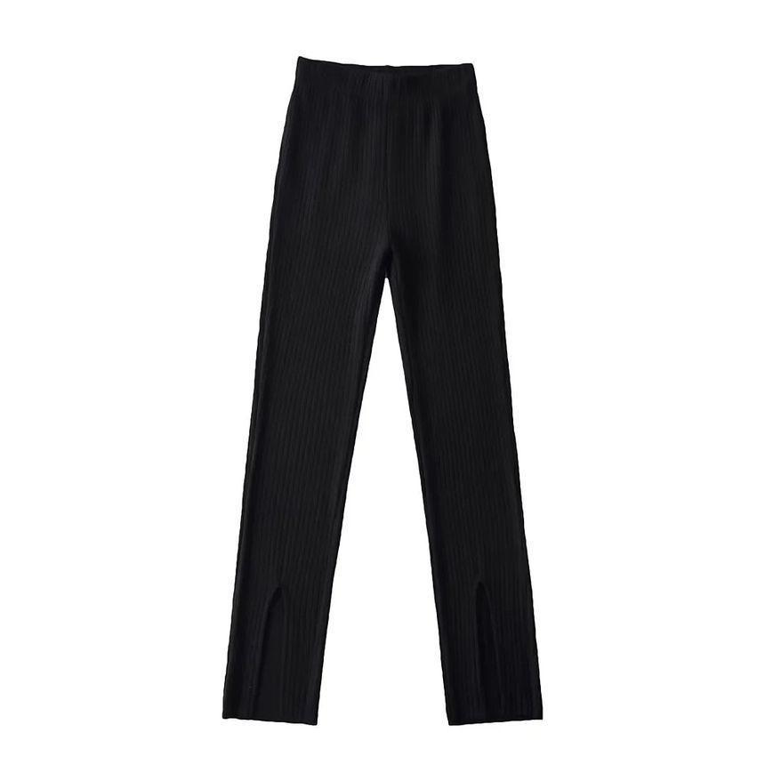 High-Waist Ribbed-Knit Slit Leggings Product Image