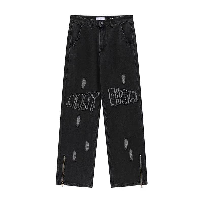 Unisex Men's Vintage Letter Patch Raw Edge Zipper Jeans Product Image